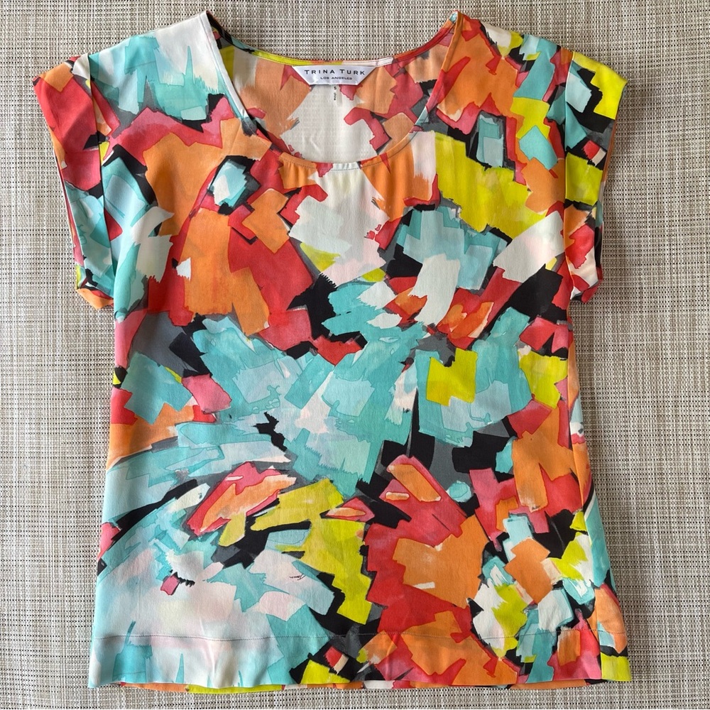 Trina Turk Vibrant Abstract Rainbow Watercolor Top